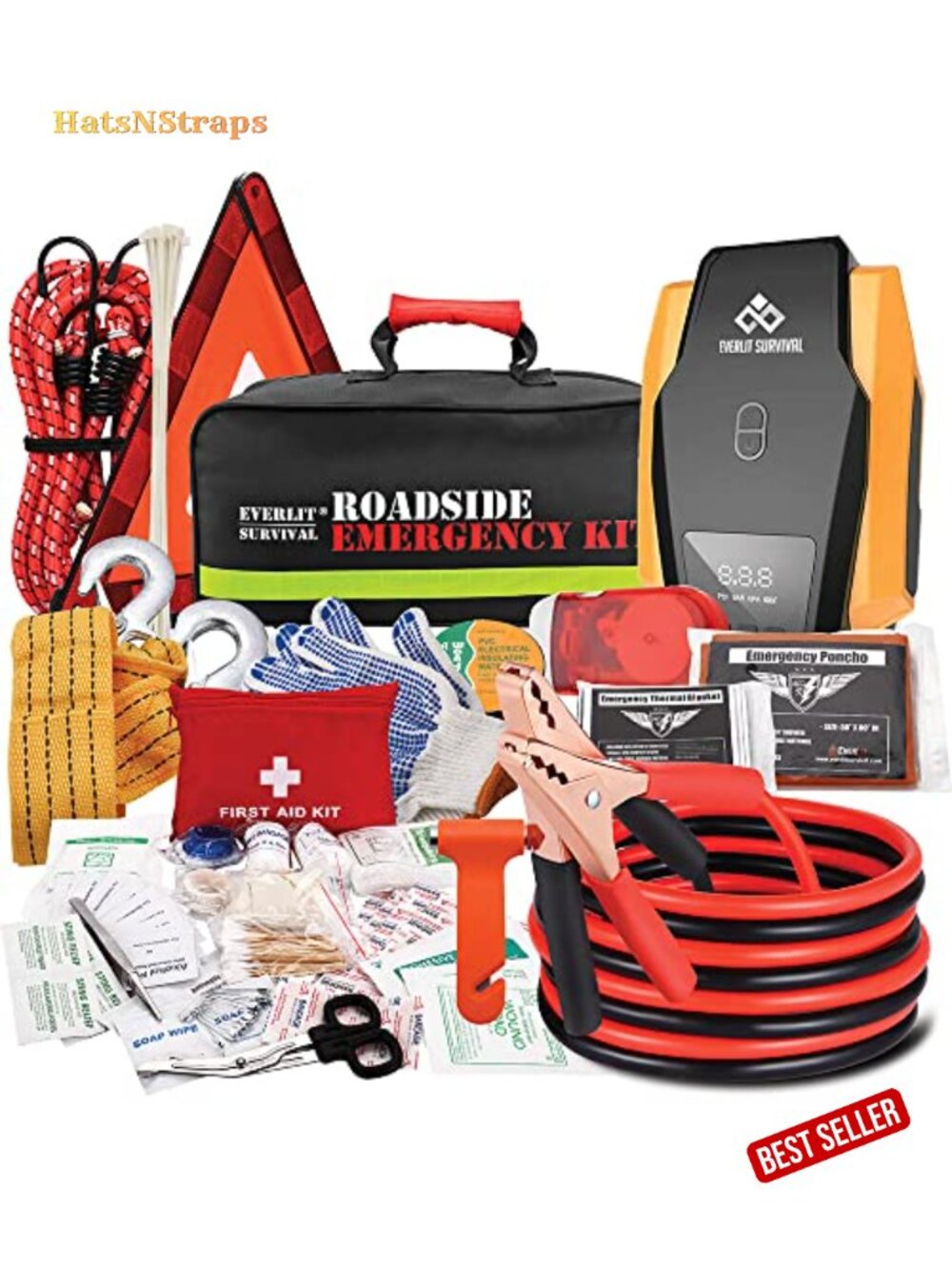 108 Piece Emergency Roadside Kit Digital Tire Inflator Jumper Cables First Aid